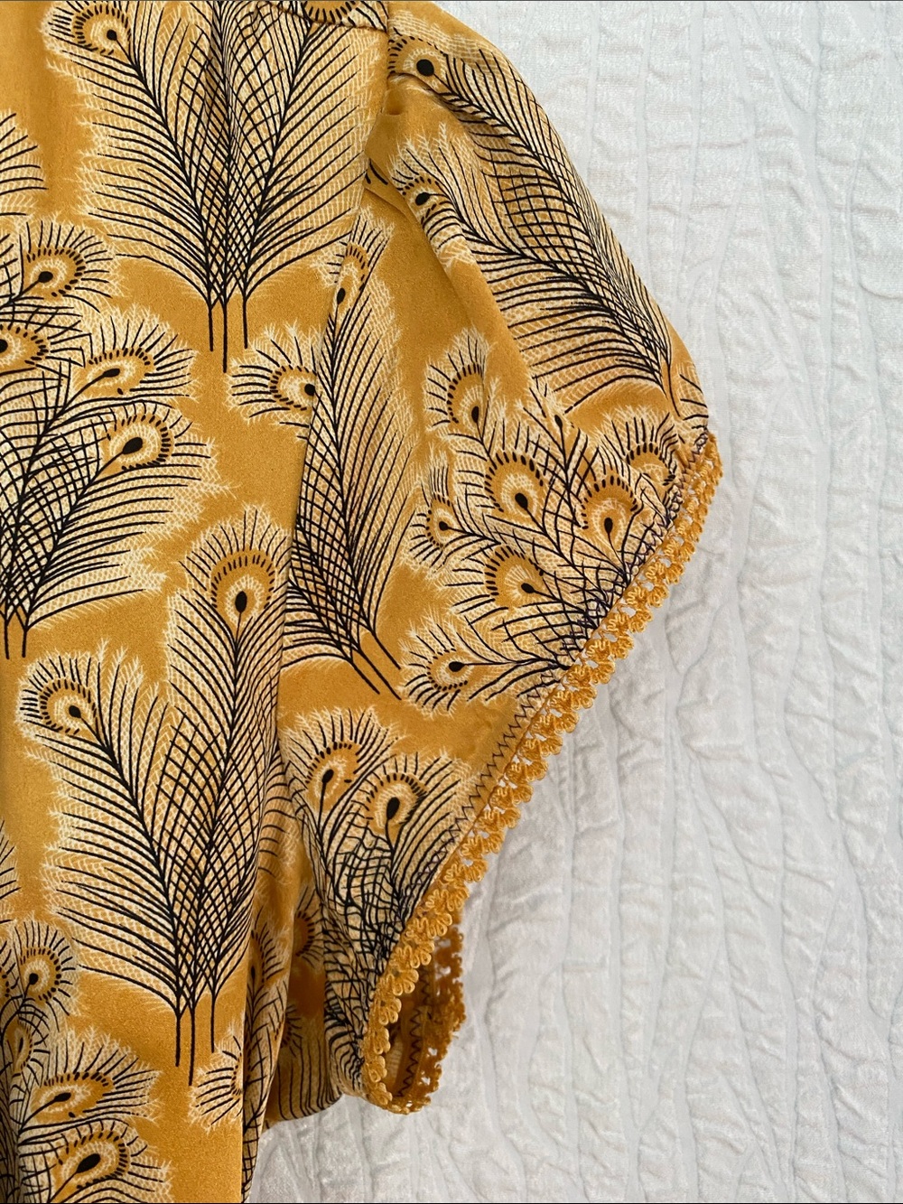 Free People Mustard Yellow Peacock-Print Tie-Neck Silk Blouse - Picture 6 of 13